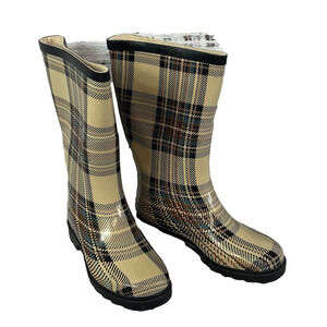 Sporto AMY Rubber Rain Duck Boots size 6 Black Tan Blue Plaid Calf Any Weather